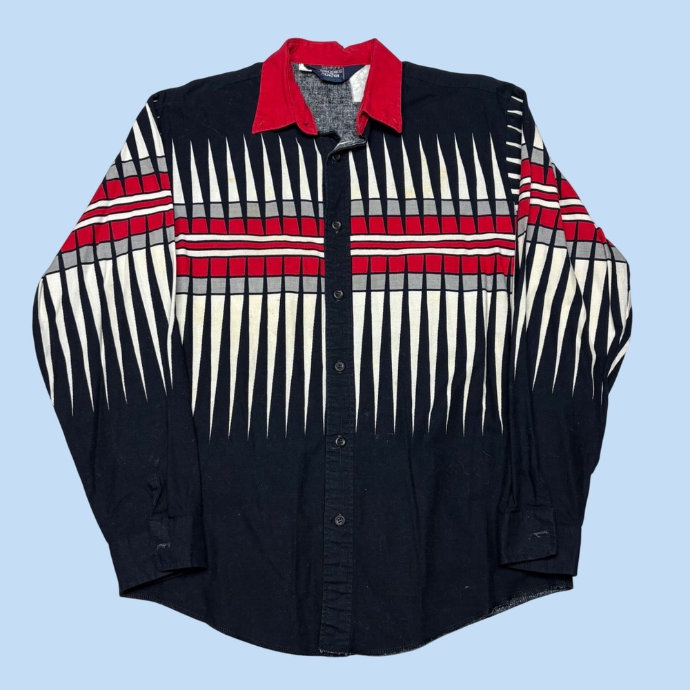 Vintage Brooks & Dunn Panhandle Slim Western Shirt Geometric Print Black Red 16